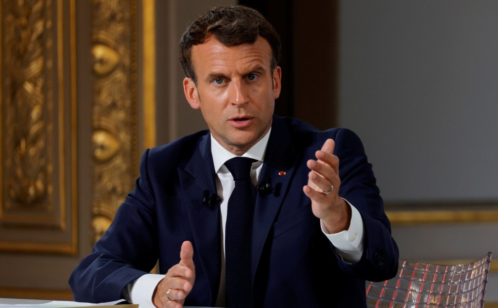 French President Emmanuel Macron gestures as he speaks during a news conference ahead of the G7 Summit, at the Elysee Palace in Paris, France, June 10, 2021. REUTERS/Pascal Rossignol/Pool