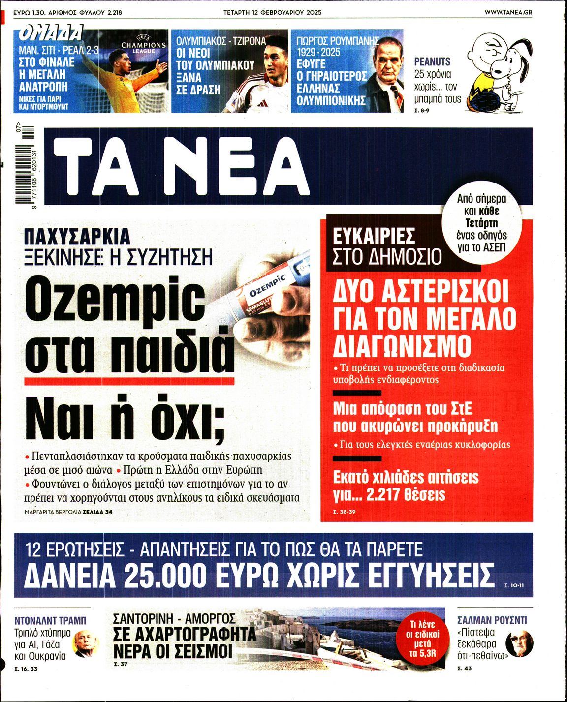 Πρωτοσέλιδο εφημερίδας ΤΑ ΝΕΑ