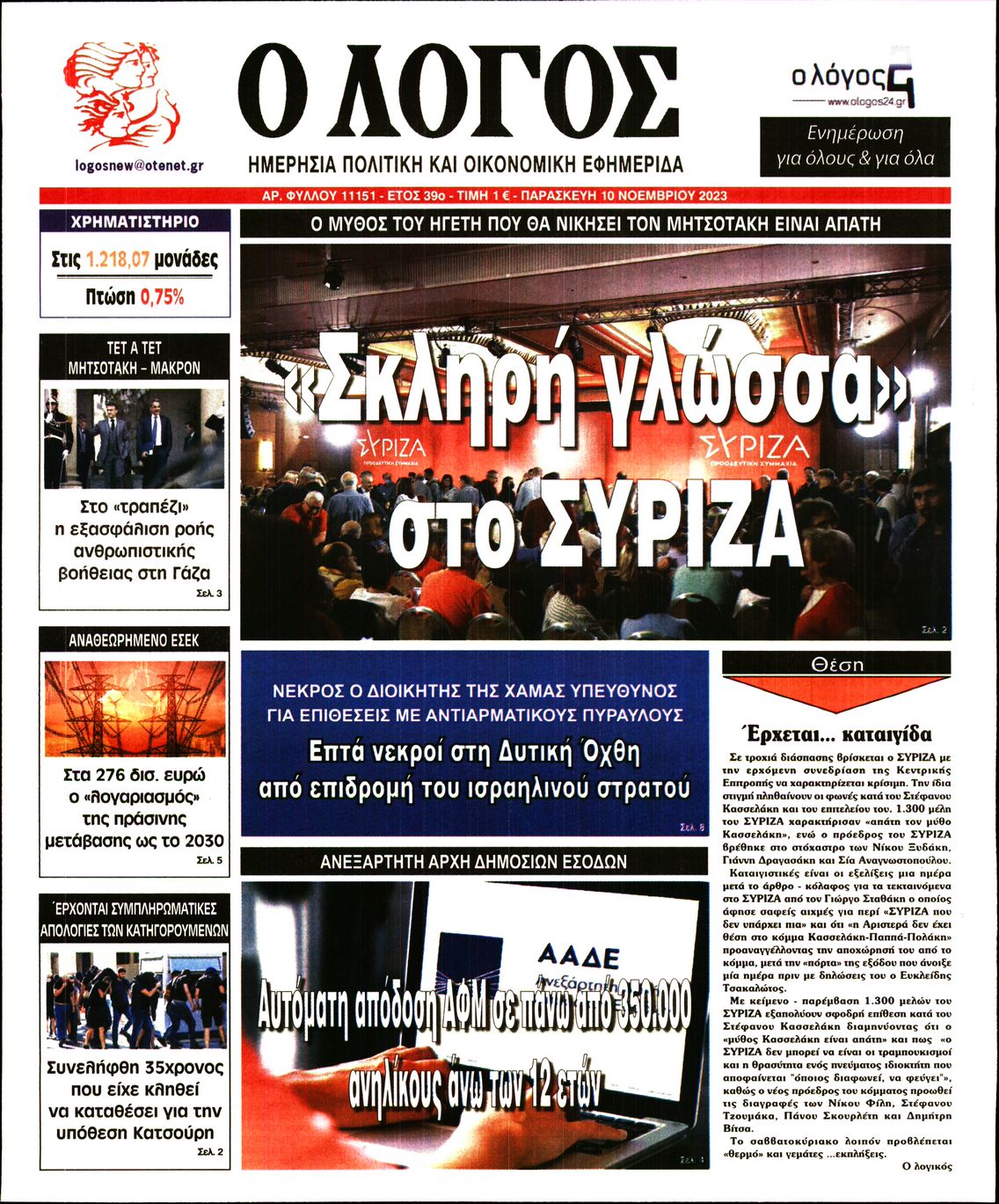 Πρωτοσέλιδο εφημερίδας Ο ΛΟΓΟΣ